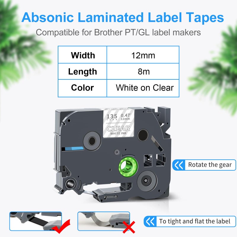 Absonic Tze135 White on Clear Tz Label Tape Compatible for Brother Tze-135 Tz-135 P Touch Tze Label Tape 12mm 0.47" Laminated Refill for Ptouch PTD220 PTD410 PTD200 PTD210 PTH110 Label Maker, 4-Pack - Image 2